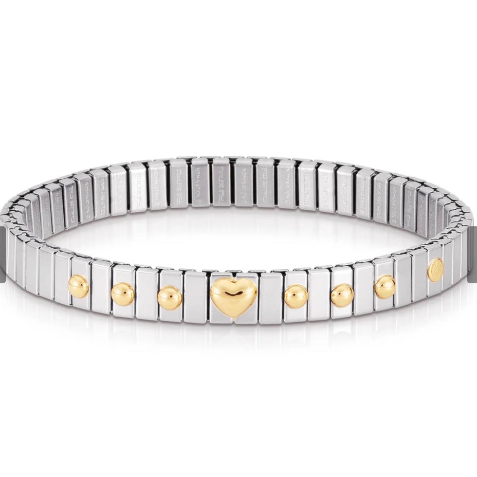 Nomination Stretch Bracelet W/ Gold Hearts Stainless Steel & 18k Gold Bracelet